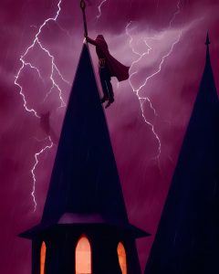 Raleigh Talanth Climbs the Belfry in The Storm Tower - Wizard Fantasy Art